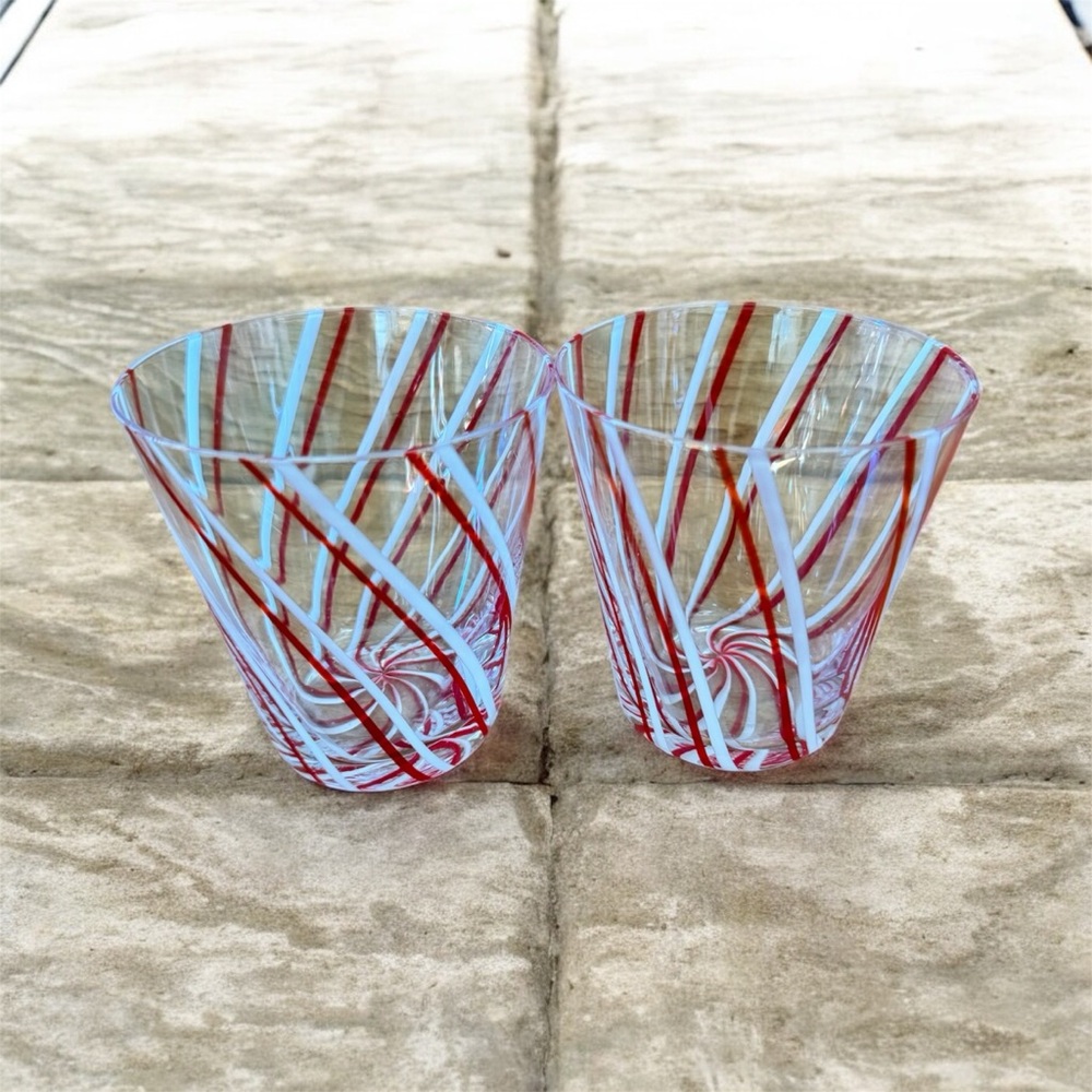 Two St. Nicolas Square Red and White Swirl Glasses